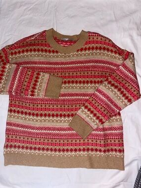 LOFT Tan, Red & Cream Patterned Crewneck Sweater